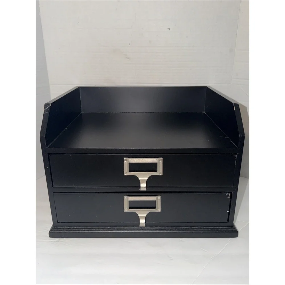 Pottery Barn Black Wood Desk Organizer 2 Drawer Apothecary Office Storage Box